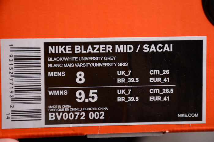 SACAI X NIKE BLAZER MID BLACK GREY BV0072-002